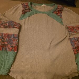 easel Cream Knit Sweater with Teal Trim and Multicolor Patchwork Sleeves